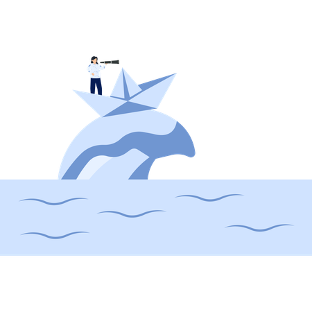 Pessoa em um barco de papel olhando através de um telescópio  Ilustração