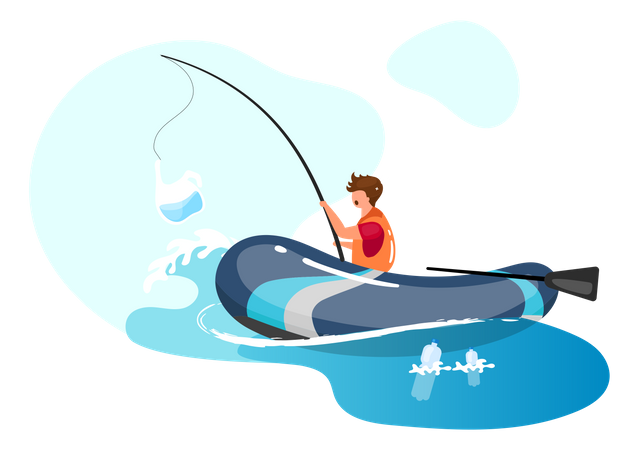 Pessoa pescando em mar cheio de lixo  Ilustração