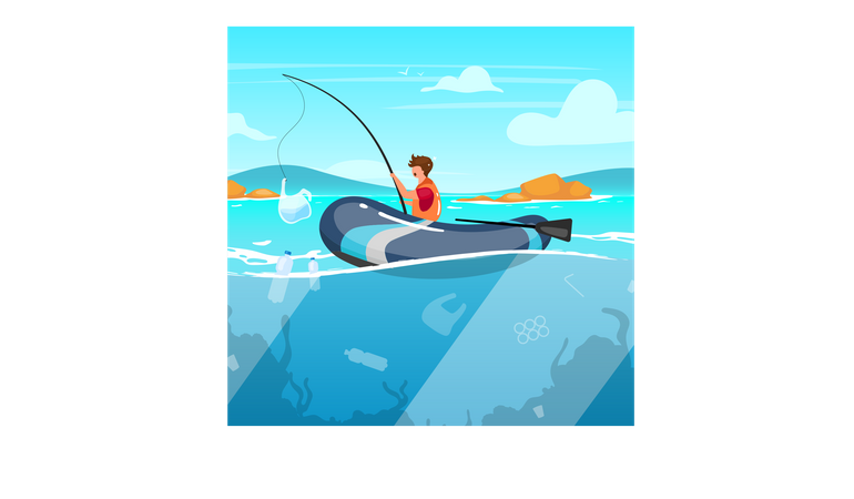 Pessoa pescando em mar cheio de lixo  Ilustração