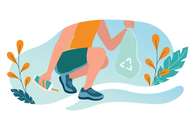 Pessoa recolhendo lixo durante caminhada matinal  Ilustração