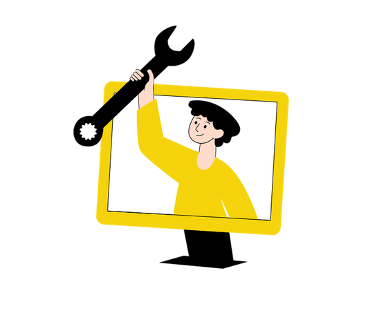 Pessoa segurando chave inglesa na tela do computador  Ilustração
