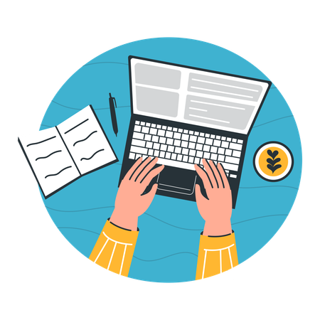 Pessoa trabalhando em laptop com café e notebook  Ilustração