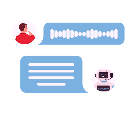 Pessoa usando tecnologia de IA e falando com chatbot por meio de mensagens  Ilustração