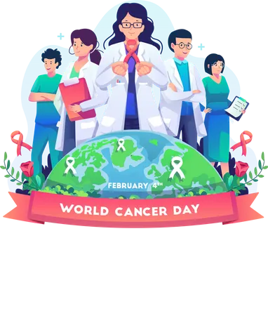 Equipe médica comemora o dia mundial do câncer  Ilustração