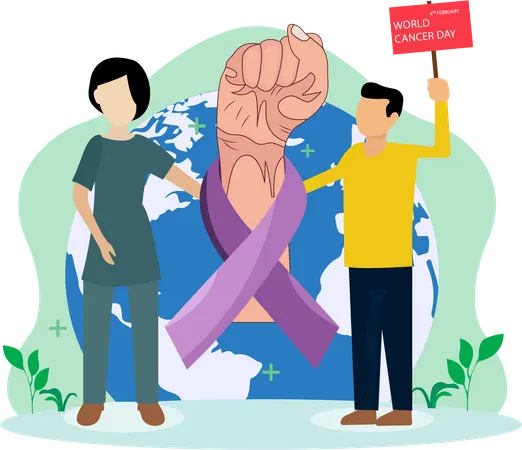 Equipe médica comemora o dia mundial do câncer  Ilustração