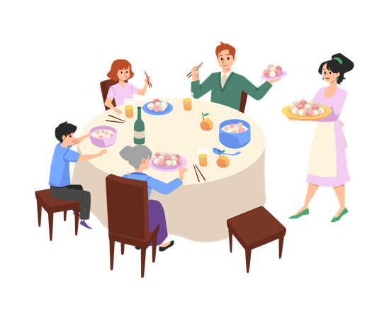 Pessoas à mesa comendo bolinhos de arroz, família feliz comemorando  Ilustração
