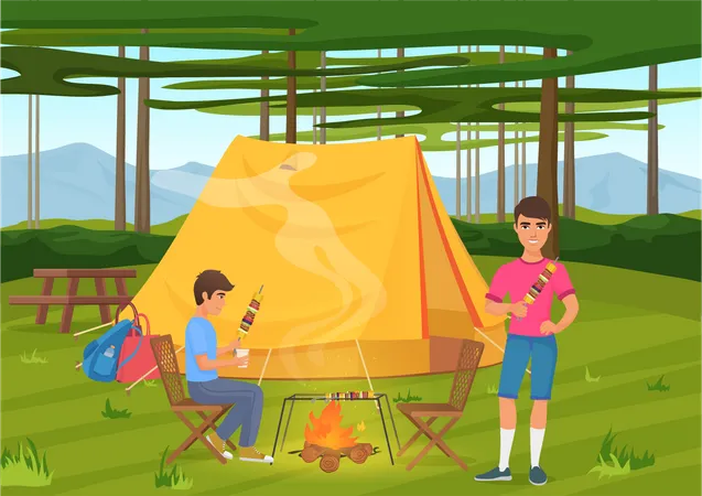 Pessoas acampando  Ilustração