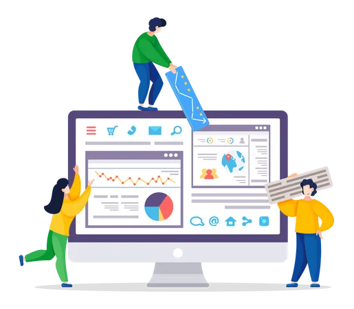 Pessoas analisando otimização de sites no PC  Ilustração