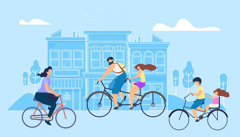 Pessoas andando de bicicleta na cidade durante o fim de semana  Ilustração