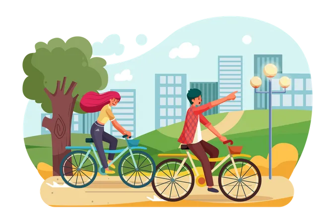 Pessoas andando de bicicleta no parque  Ilustração