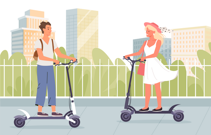 Pessoas andando de scooter elétrica na cidade  Ilustração