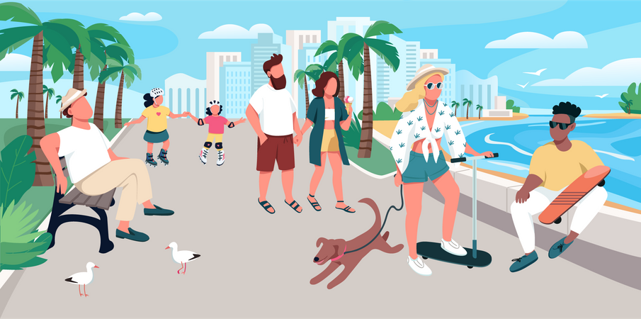 Pessoas andando na rua da cidade turística  Ilustração