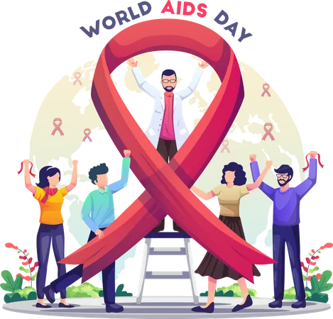 Pessoas Ao Redor Do Mundo Celebram O Dia Mundial Da AIDS Agitando Uma Grande Ilustracao Vetorial De Fita Vermelha Ilustração