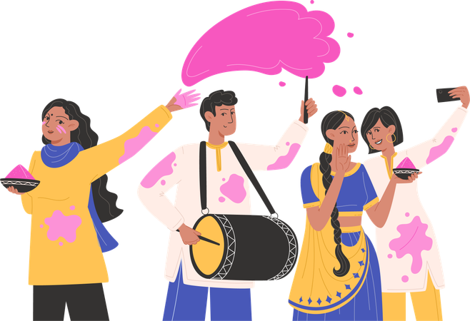 Pessoas aproveitando o festival de cores  Ilustração