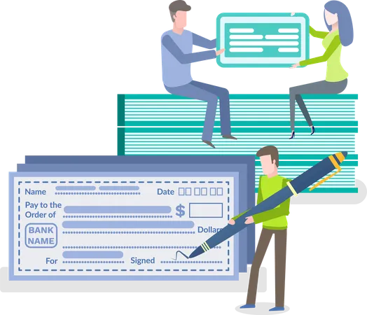Pessoas assinando cheque com caneta  Ilustração