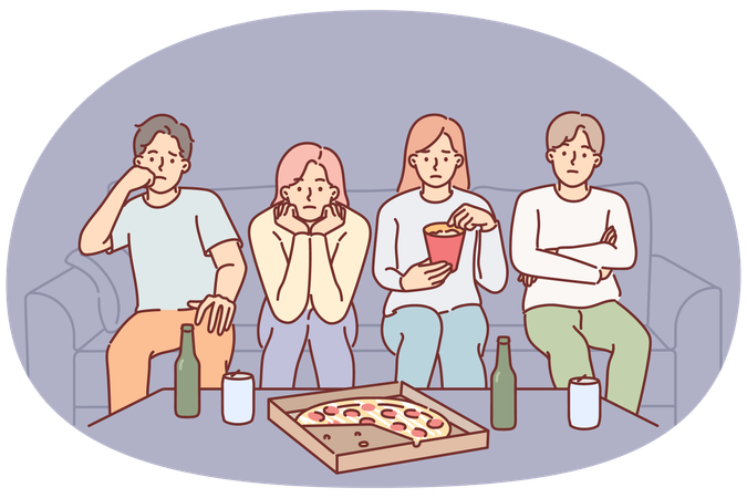 Pessoas assistem a filmes chatos sentadas no sofá comendo salgadinhos durante uma festa de pizza com amigos da faculdade  Ilustração
