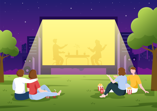 Pessoas assistindo filme no cinema aberto  Ilustração