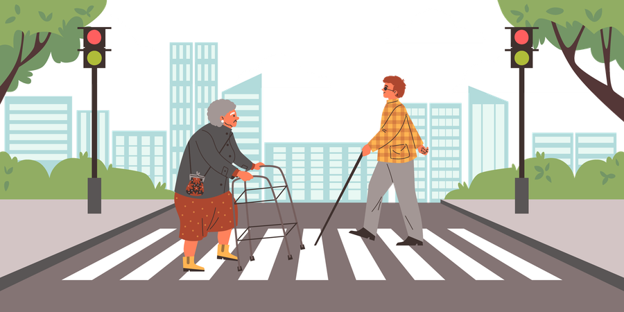 As pessoas atravessam a rua com segurança na faixa de pedestres  Ilustração