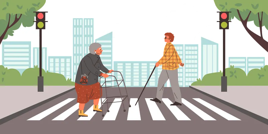As pessoas atravessam a rua com segurança na faixa de pedestres  Ilustração