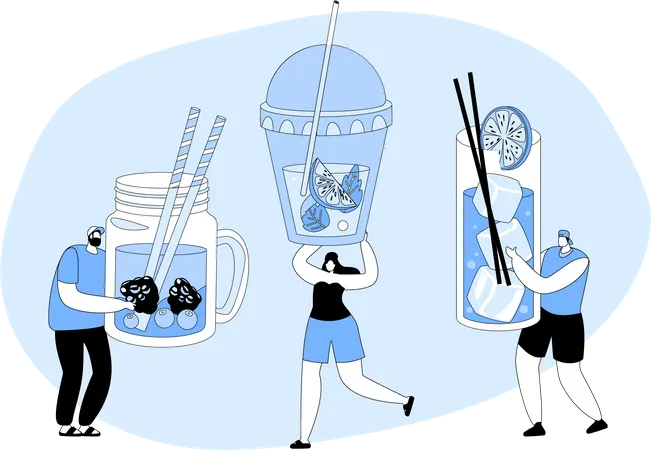 Pessoas bebendo bebidas geladas durante o verão  Ilustração