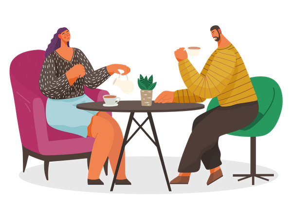 Pessoas bebem café sentadas à mesa na cafeteria  Ilustração
