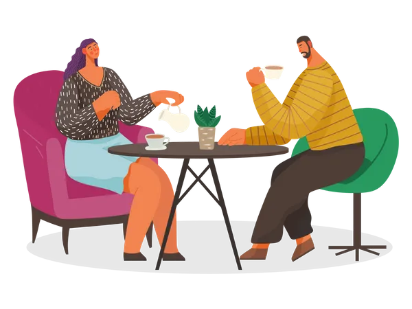 Pessoas bebem café sentadas à mesa na cafeteria  Ilustração