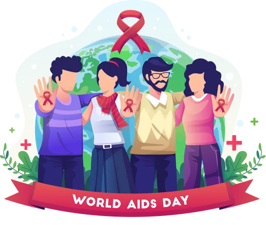 Jovens De Todo O Mundo Estao Fazendo Campanha Sobre A Conscientizacao Do Dia Mundial Da AIDS Com Ilustracao Vetorial Do Conceito De Fita Vermelha Ilustração