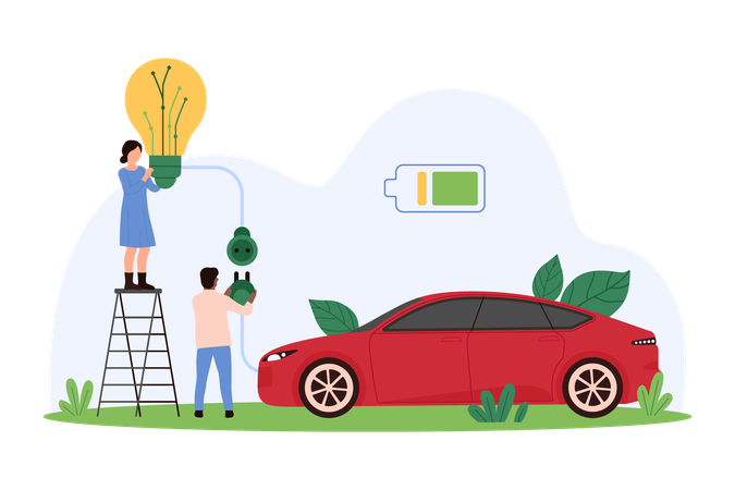 Pessoas carregando carros elétricos em posto de recarga  Ilustração
