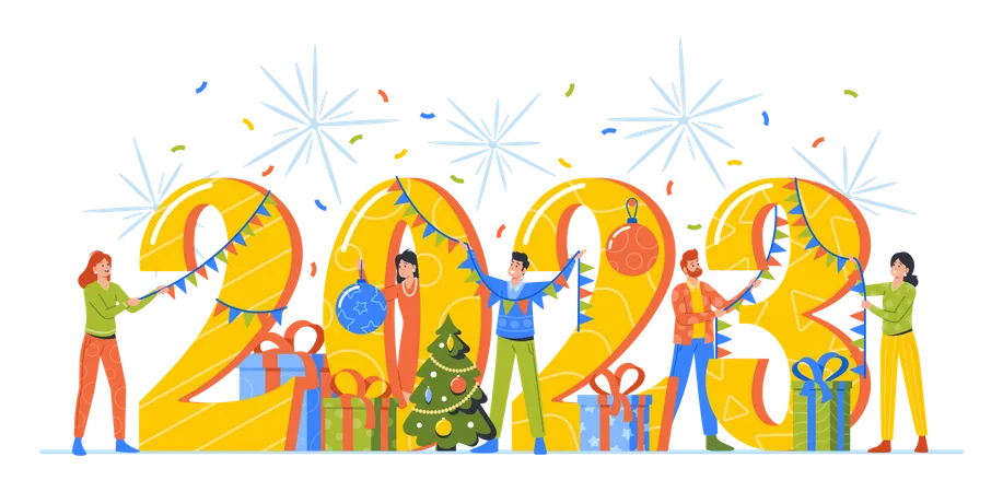 As Pessoas Se Preparam Para A Celebracao Do Ano Novo Decoram Numeros Enormes 2023 Com Guirlandas Enfeites Festivos Caixas De Presente E Arvore De Natal Feriados De Inverno Festa Corporativa Ilustra O Vetorial De Desenho Animado Ilustração