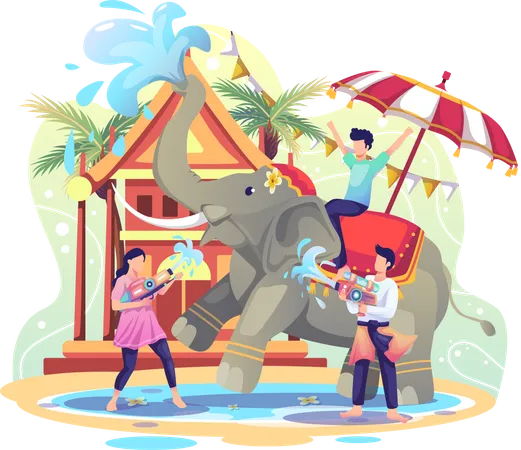 Pessoas celebrando o festival Songkran jogando água com elefante  Ilustração