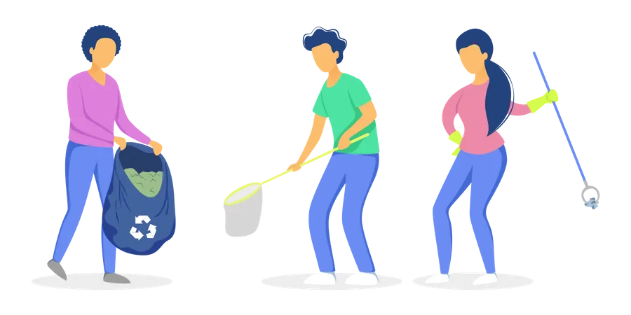 Pessoas coletando resíduos para reciclagem  Ilustração