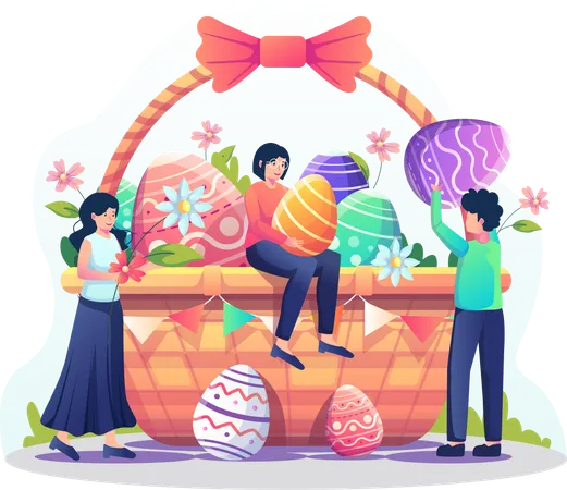Pessoas colocando ovos e flores na cesta gigante para a celebração do dia de Páscoa  Ilustração