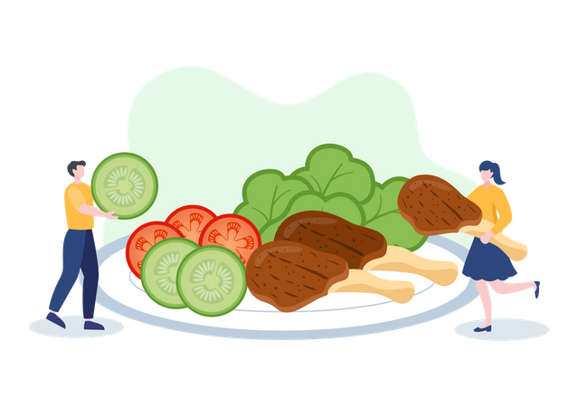 Pessoas com alimentação saudável  Ilustração
