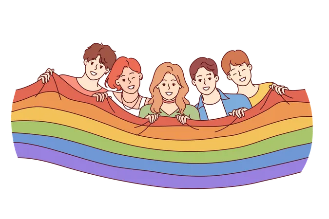 Pessoas com bandeira LGBT comemorando o mês do orgulho  Ilustração