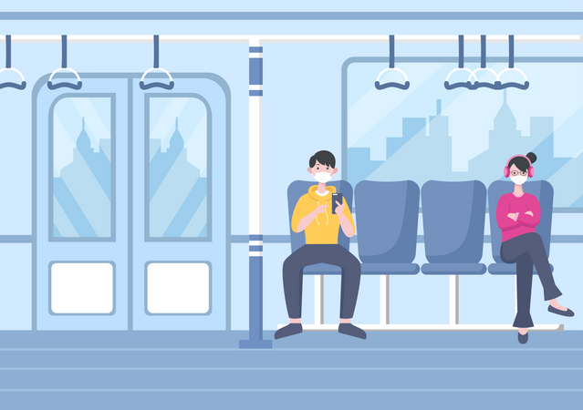 Pessoas com máscara viajando no metrô  Ilustração