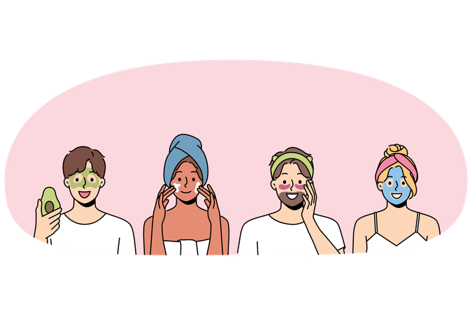 Pessoas com máscaras de beleza no rosto usam cremes orgânicos para se livrar de rugas e rejuvenescer a pele  Ilustração