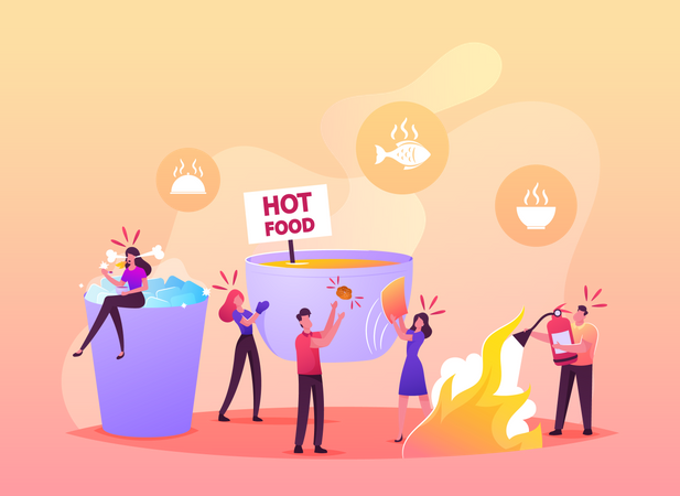 Pessoas comendo comida picante  Ilustração