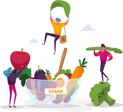 Pessoas comendo dieta vegana para um estilo de vida saudável  Ilustração