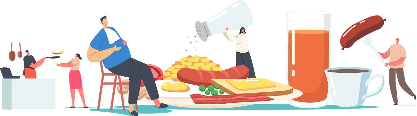 Pessoas comendo fast-food pouco saudável e engordando  Illustration