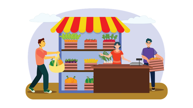 Pessoas comprando alimentos orgânicos  Ilustração