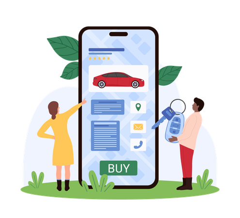 Pessoas comprando carros online  Ilustração