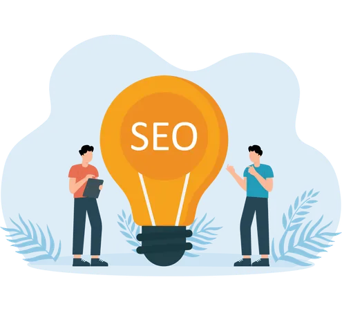 Pessoas falando sobre ideias de SEO  Ilustração