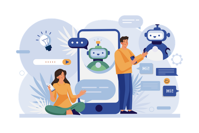 Pessoas conversam com robôs chatbot em aplicativo para smartphone  Ilustração