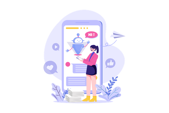 Pessoas conversam com robôs chatbot em aplicativo para smartphone  Ilustração