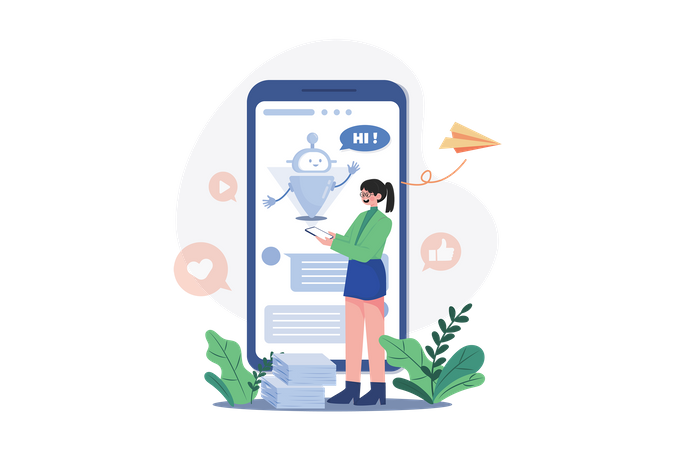 Pessoas conversam com robôs chatbot em aplicativo para smartphone  Ilustração