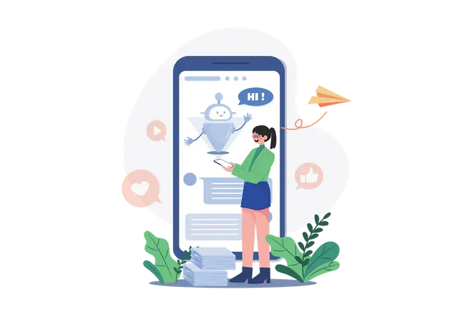 Pessoas conversam com robôs chatbot em aplicativo para smartphone  Ilustração