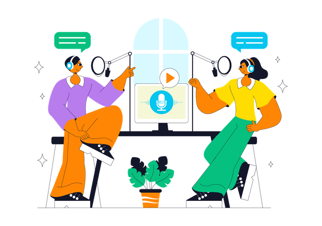 Pessoas falam no estúdio de podcast de rádio  Ilustração