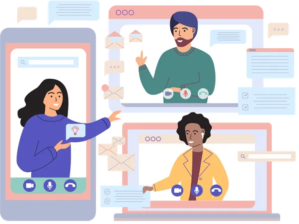 Pessoas falando em conferência online  Ilustração