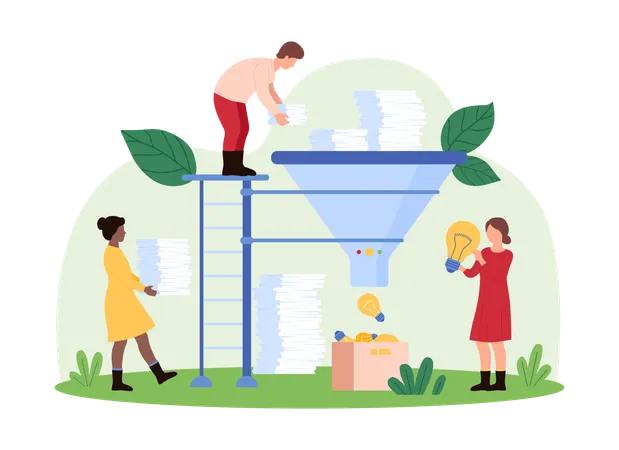 Pessoas convertendo papelada em ideias  Ilustração
