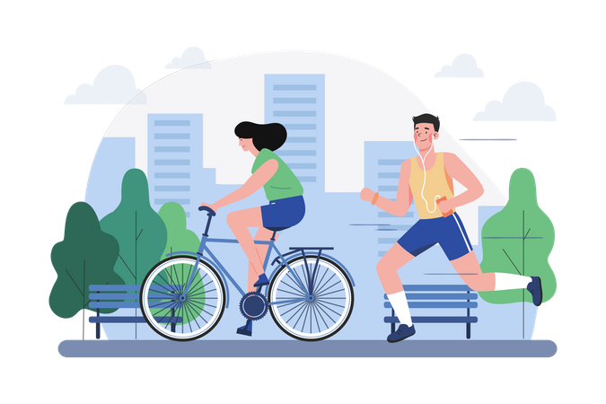 Pessoas correndo e andando de bicicleta no parque  Ilustração
